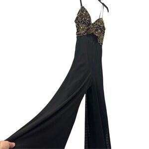 Black & Gold Beaded Top Jumpsuit Stomach Cutout Flowing Lined Chiffon Pants Sz 8